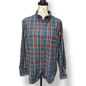 L.L.Bean Blue Red Plaid Flannel Button Up Shirt Cotton Long Sleeve Womens Medium